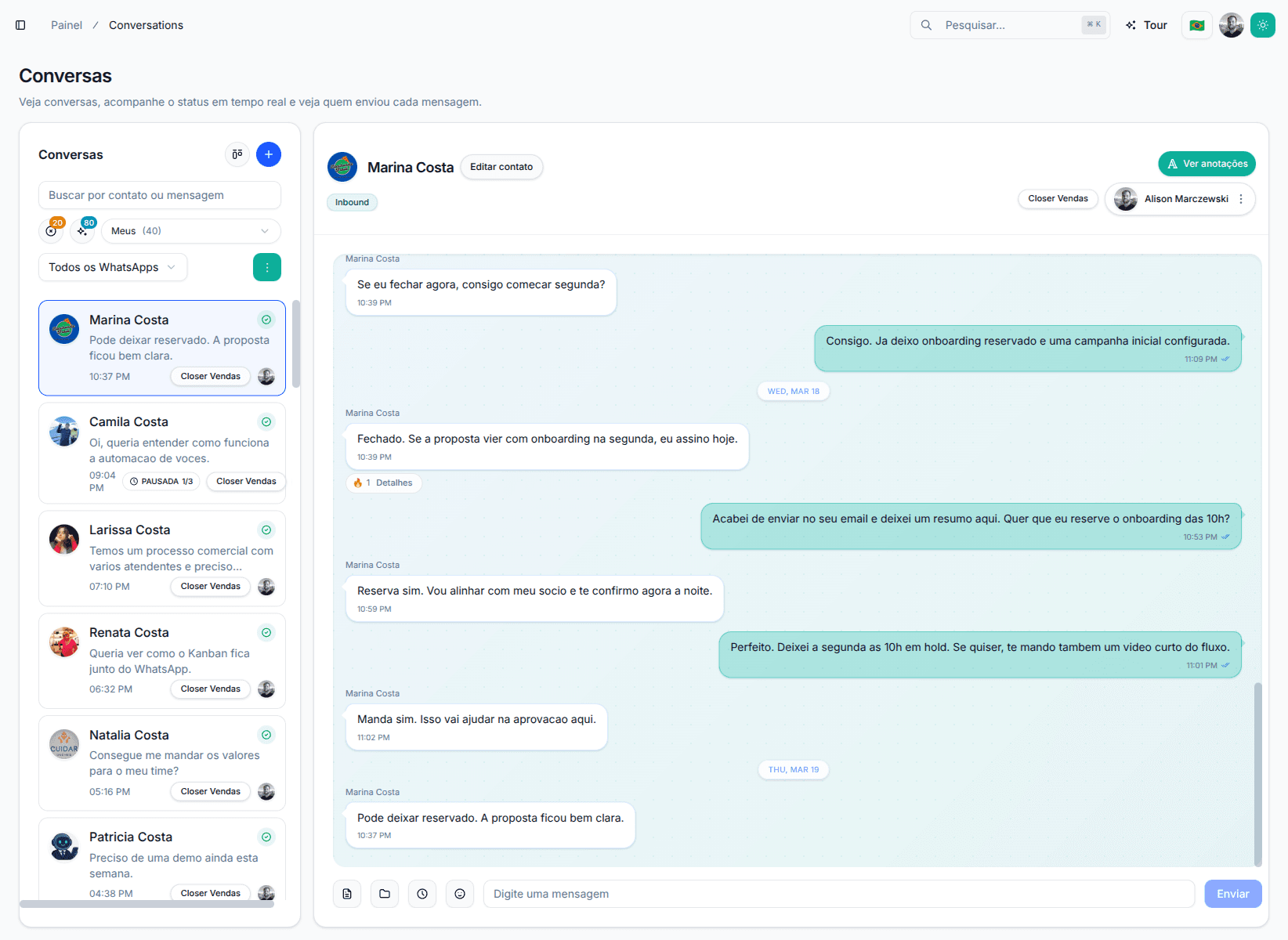Tela da NixZap com lista de conversas, filtros de atendimento e histórico da conversa selecionada