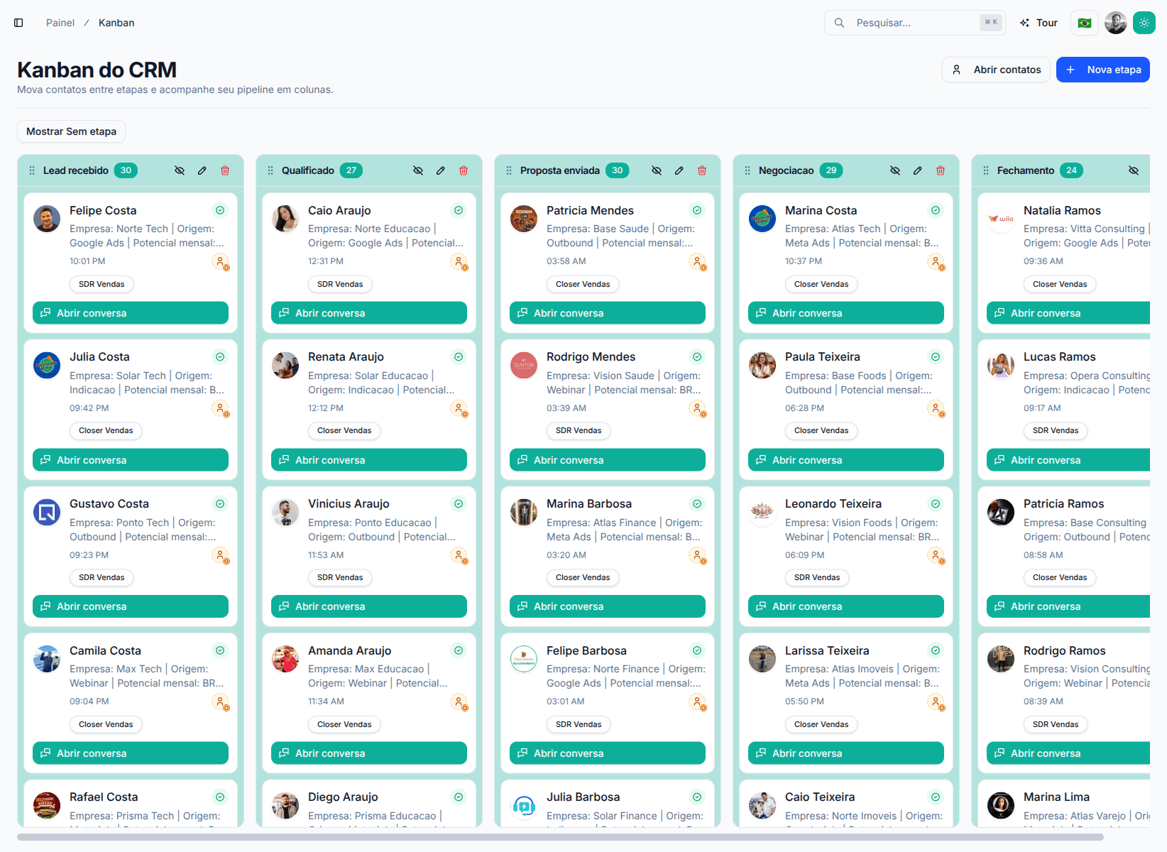 Tela da NixZap com Kanban do CRM conectado às conversas