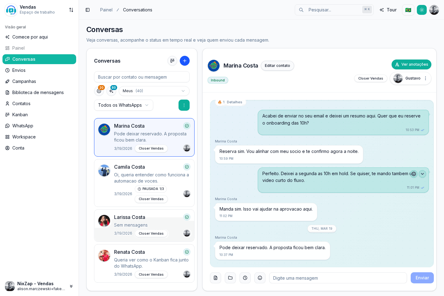 Caixa de entrada da NixZap com multi-atendimento, responsável por conversa e histórico visível.