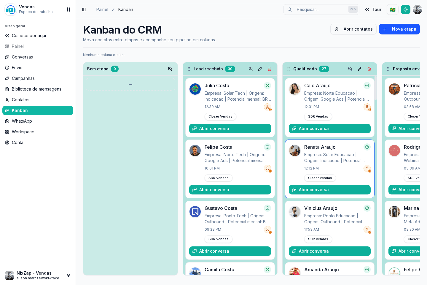 Kanban da NixZap com backlog e follow-up da equipe no WhatsApp.